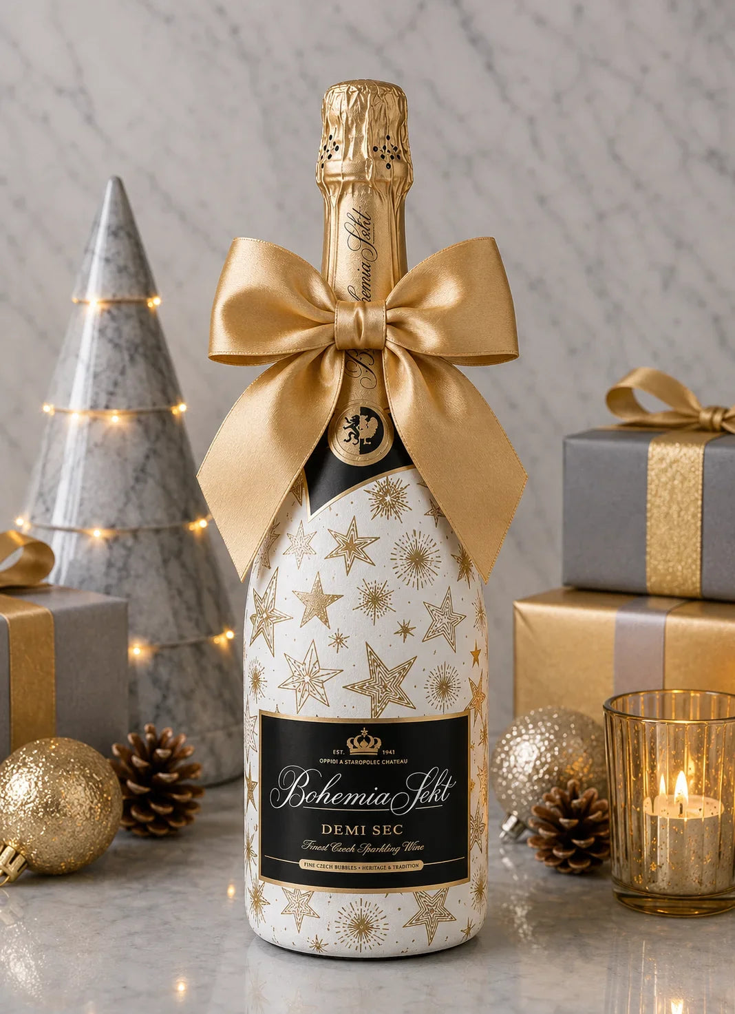 Bohemia Sekt Demi Sec – Vánoční zdobená lahev Hvězdy