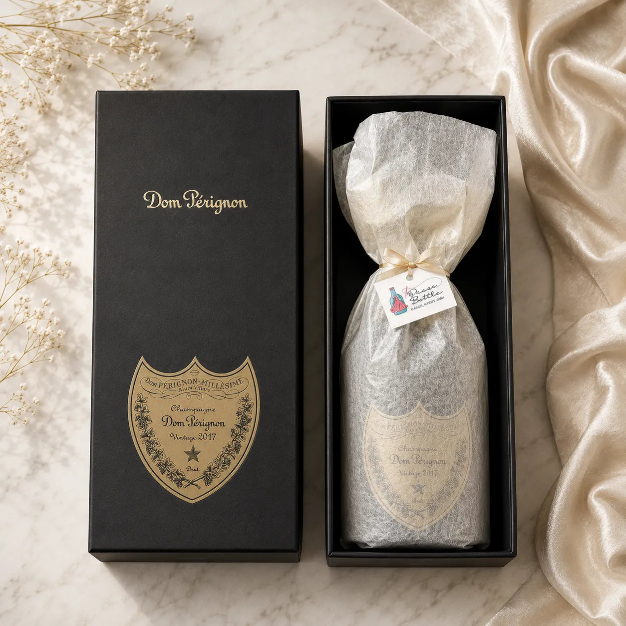 Dom Pérignon zdobená třpytkama, dárková krabička. Dressbottle