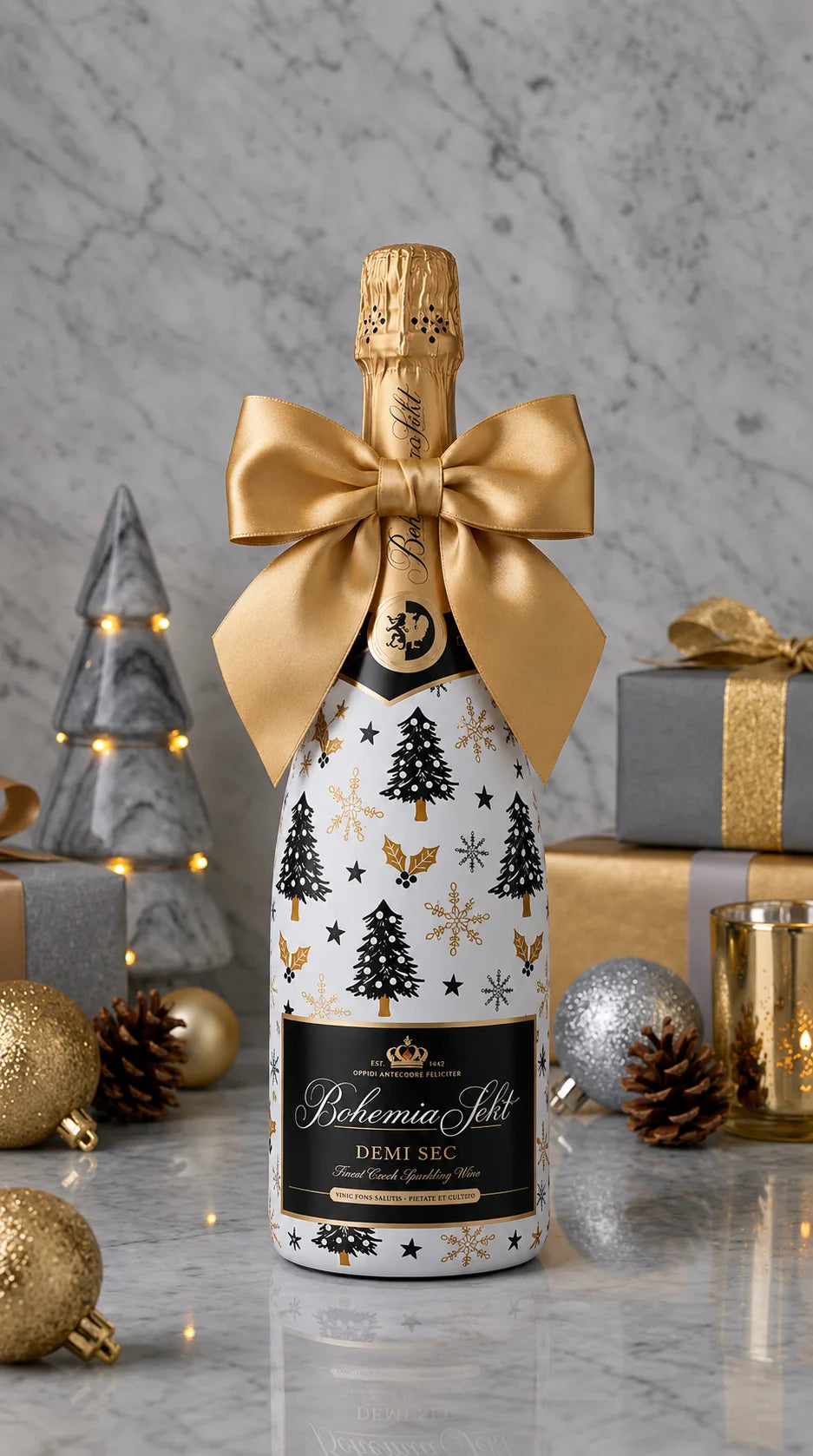 Bohemia Sekt Demi Sec – Vánoční zdobená lahev Černý stromeček