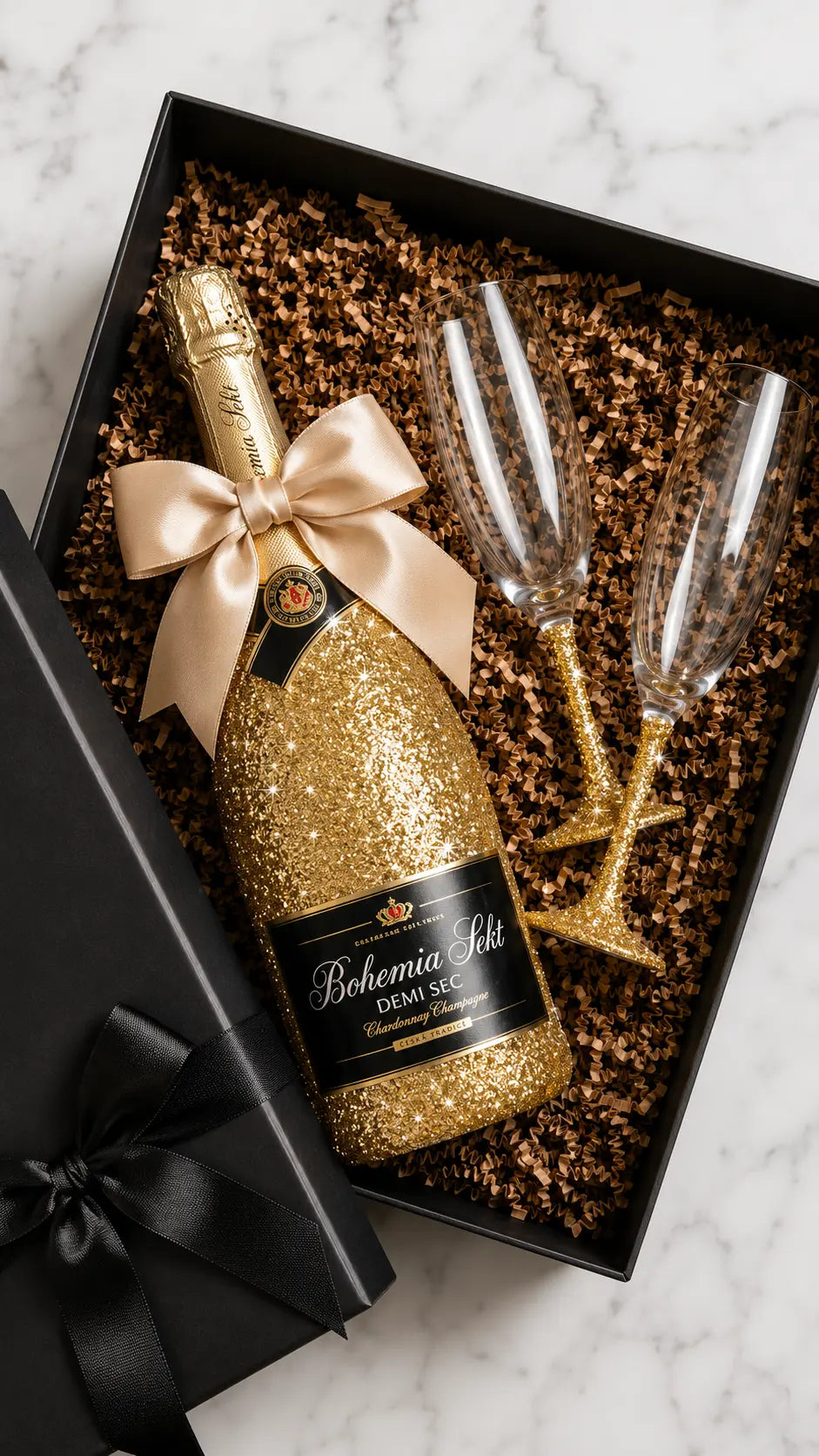 Dárková sada Bohemia Sekt – Třpytivá lahev + skleničky | DressBottle