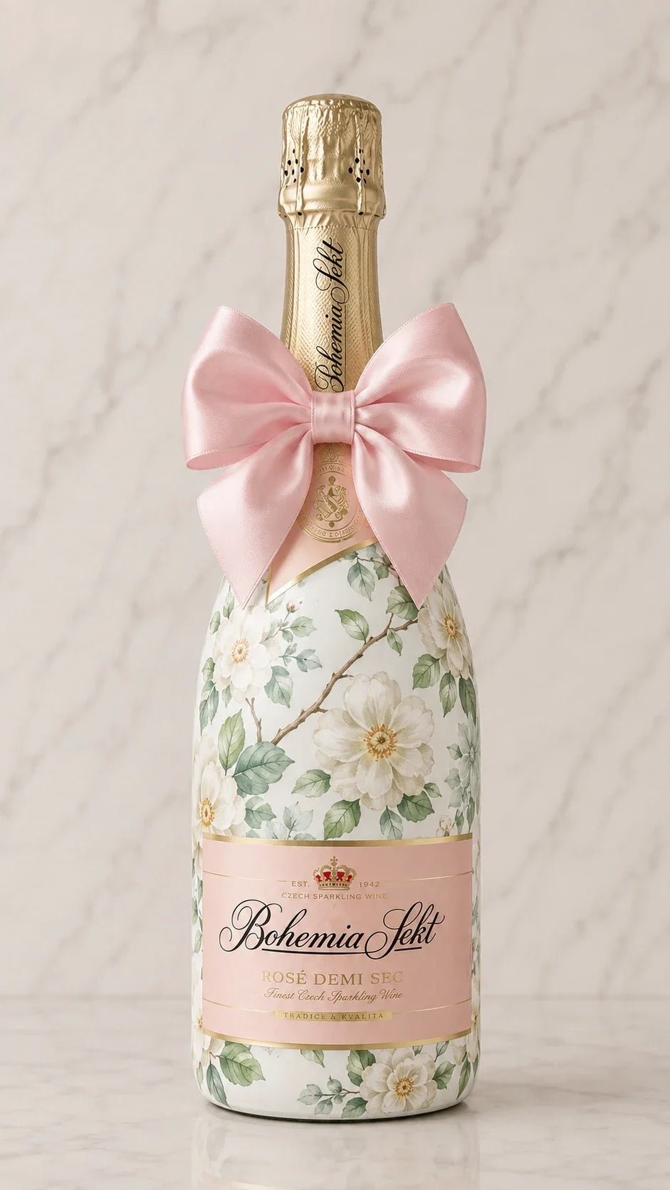 Bohemia Sekt Demi Rosé – zdobená lahev v dekoru květů jabloně