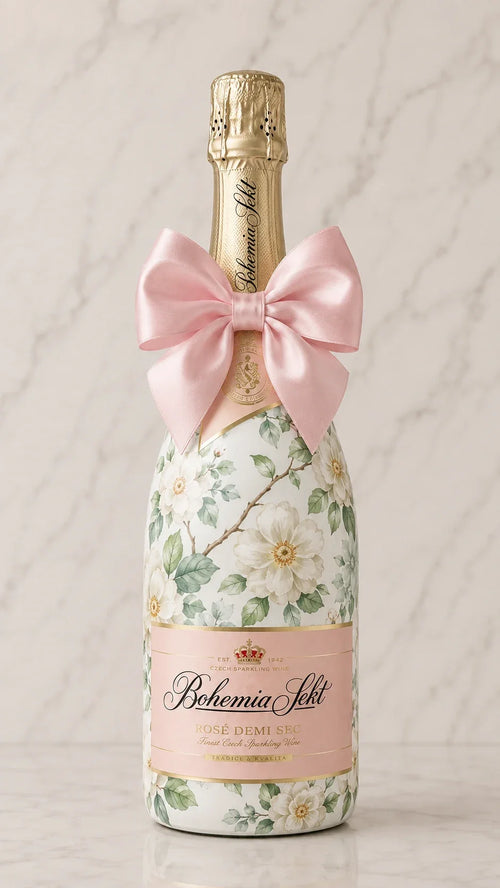 Bohemia Sekt Demi Rosé – zdobená lahev v dekoru květů jabloně