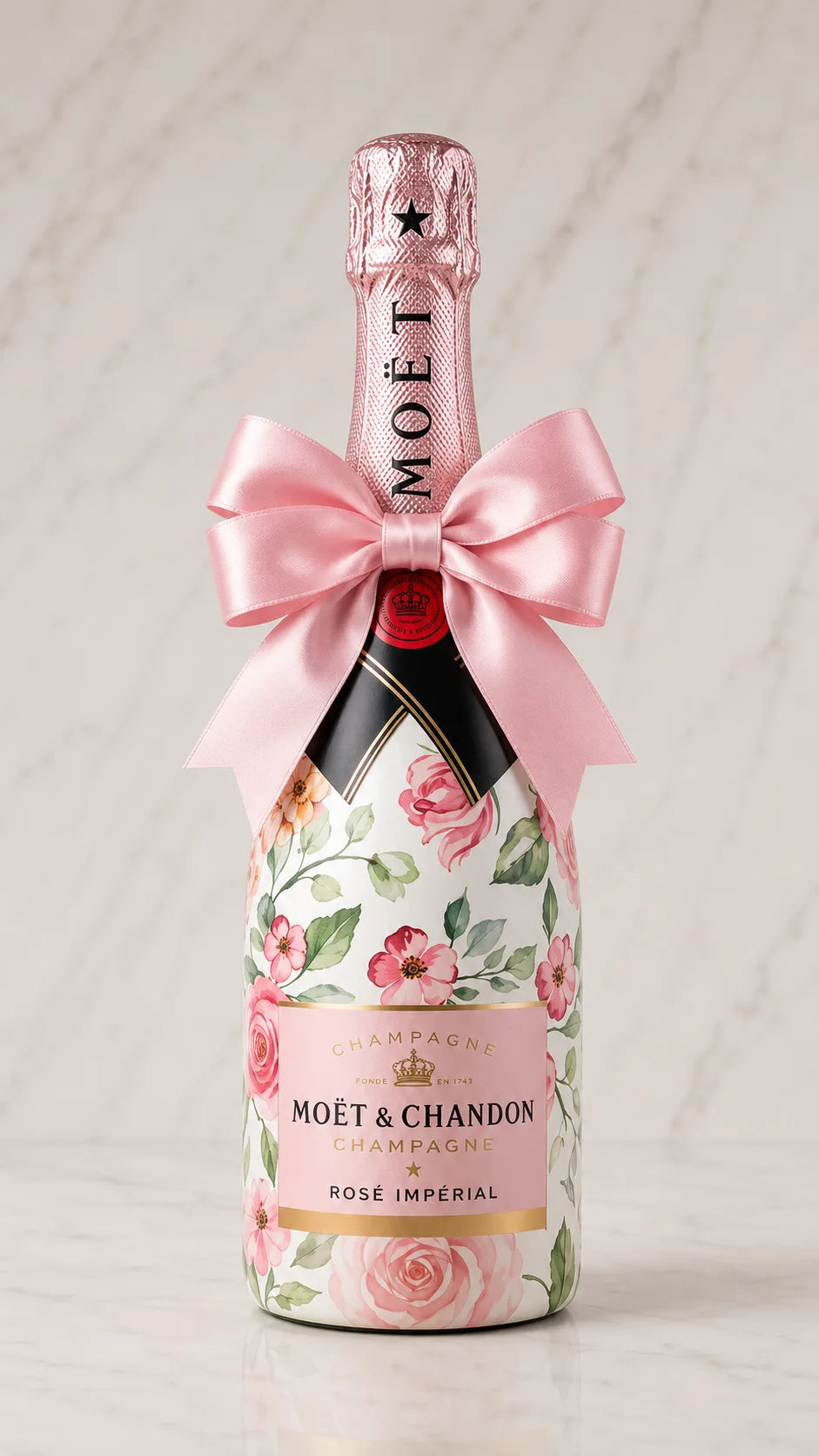 Moët & Chandon Rosé – Dárková zdobená lahev s růží | DressBottle