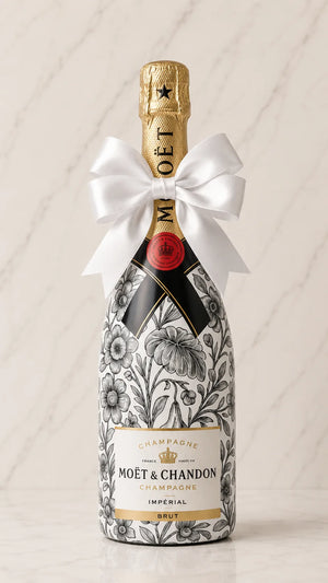 Moët & Chandon Brut – Dárková zdobená lahev černobílý květinový design