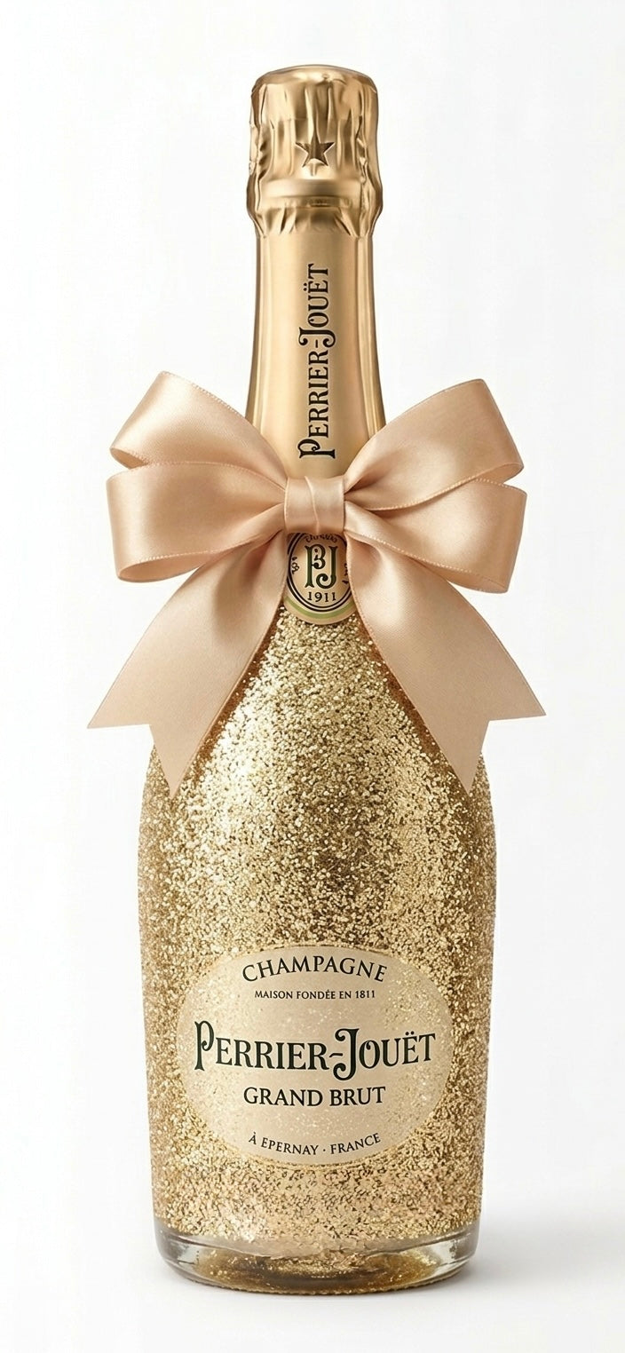 Perrier-Jouët Grand Brut ve zlatých třpytkách – luxusní zdobené šampaňské | DressBottle
