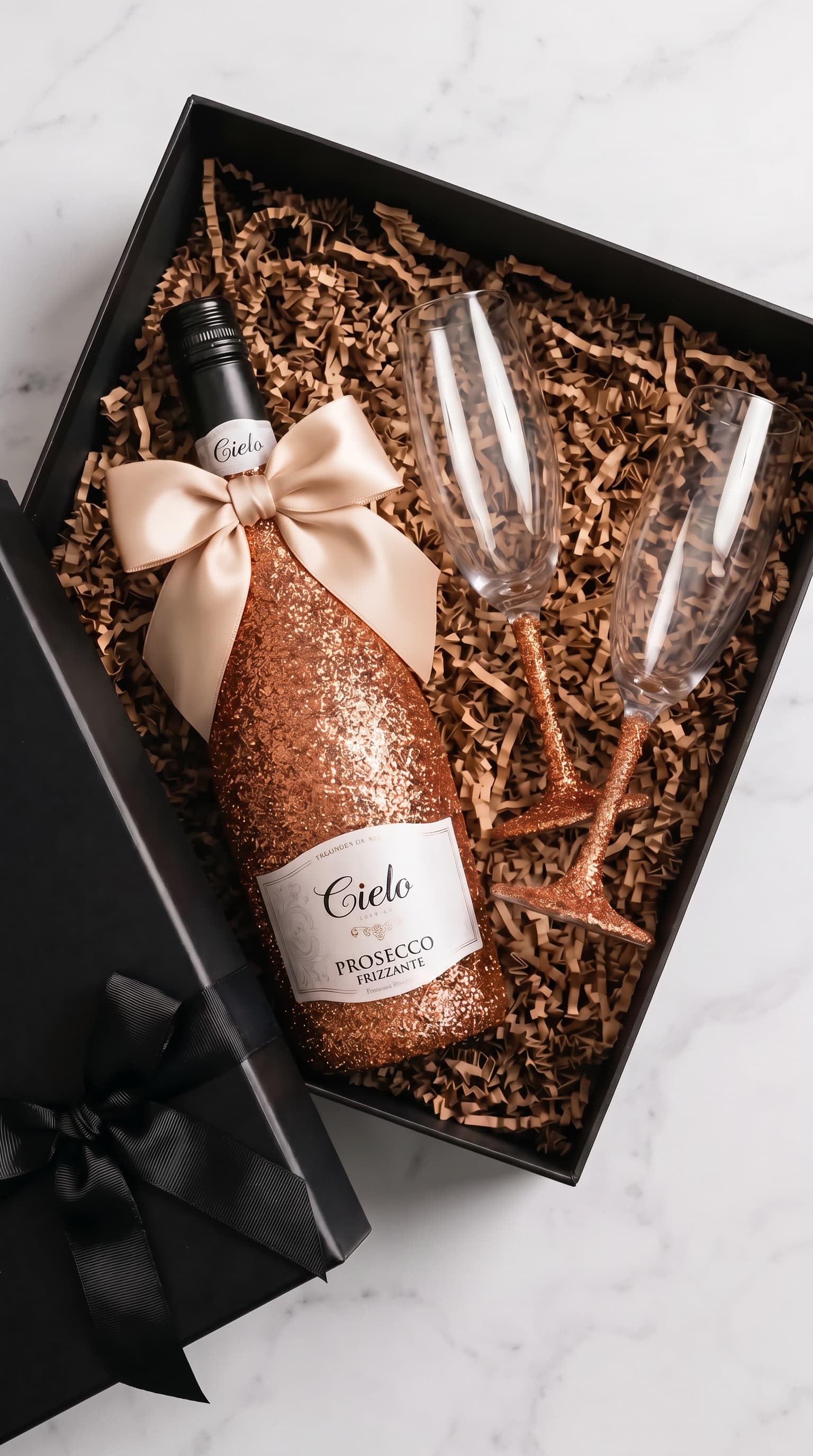 Dárková sada Cielo Prosecco – Třpytivá lahev s hnědými třpytkami + skleničky černá | DressBottle