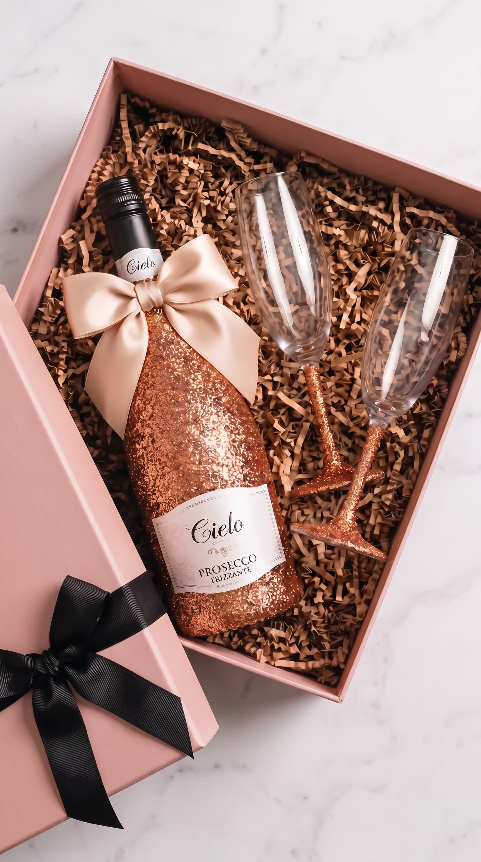 Dárková sada Cielo Prosecco – Třpytivá lahev s hnědými třpytkami + skleničky růžová | DressBottle