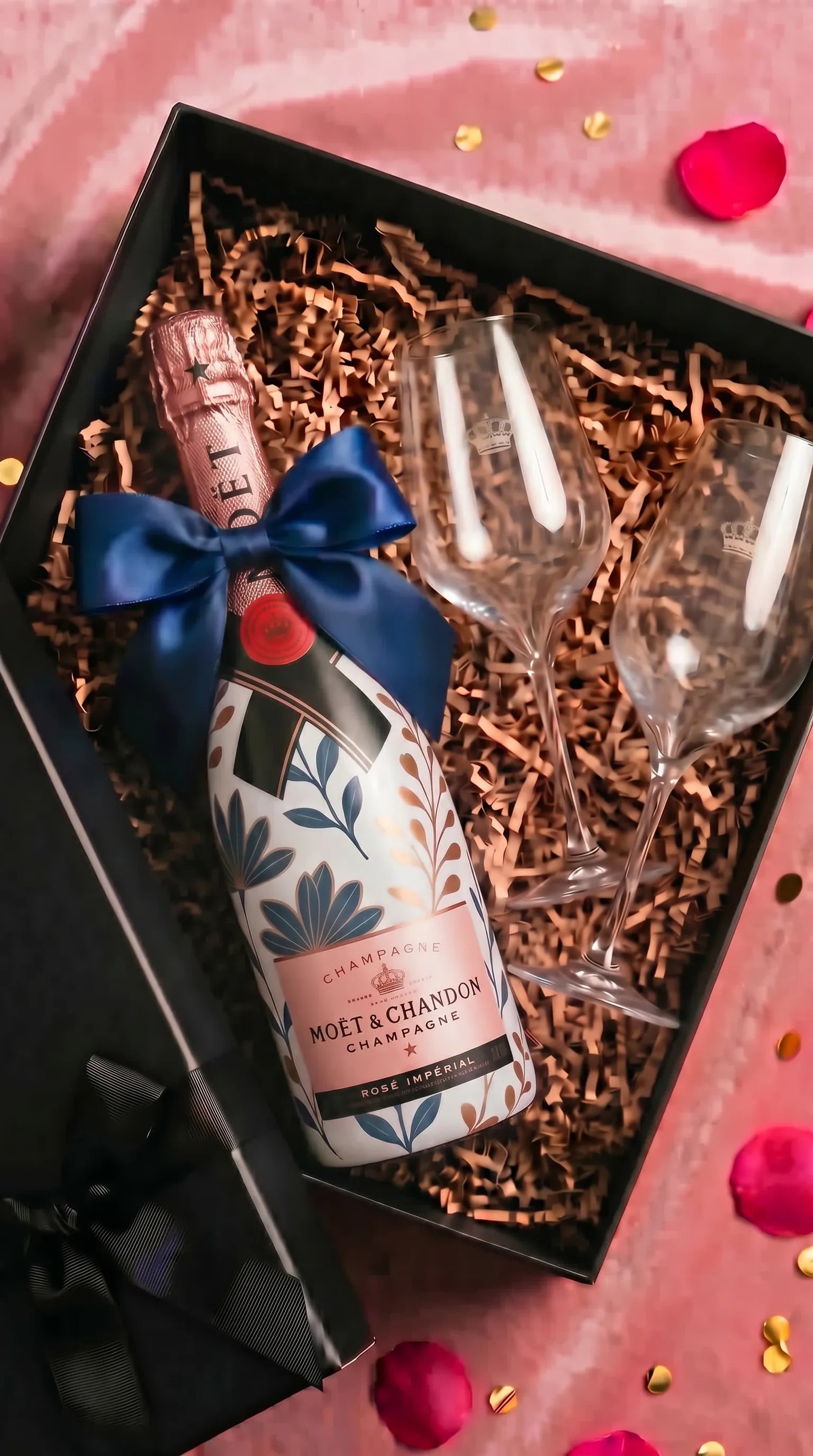 darkova sada moet chandon rose v dekoru modro žlutých kvetu, cerna