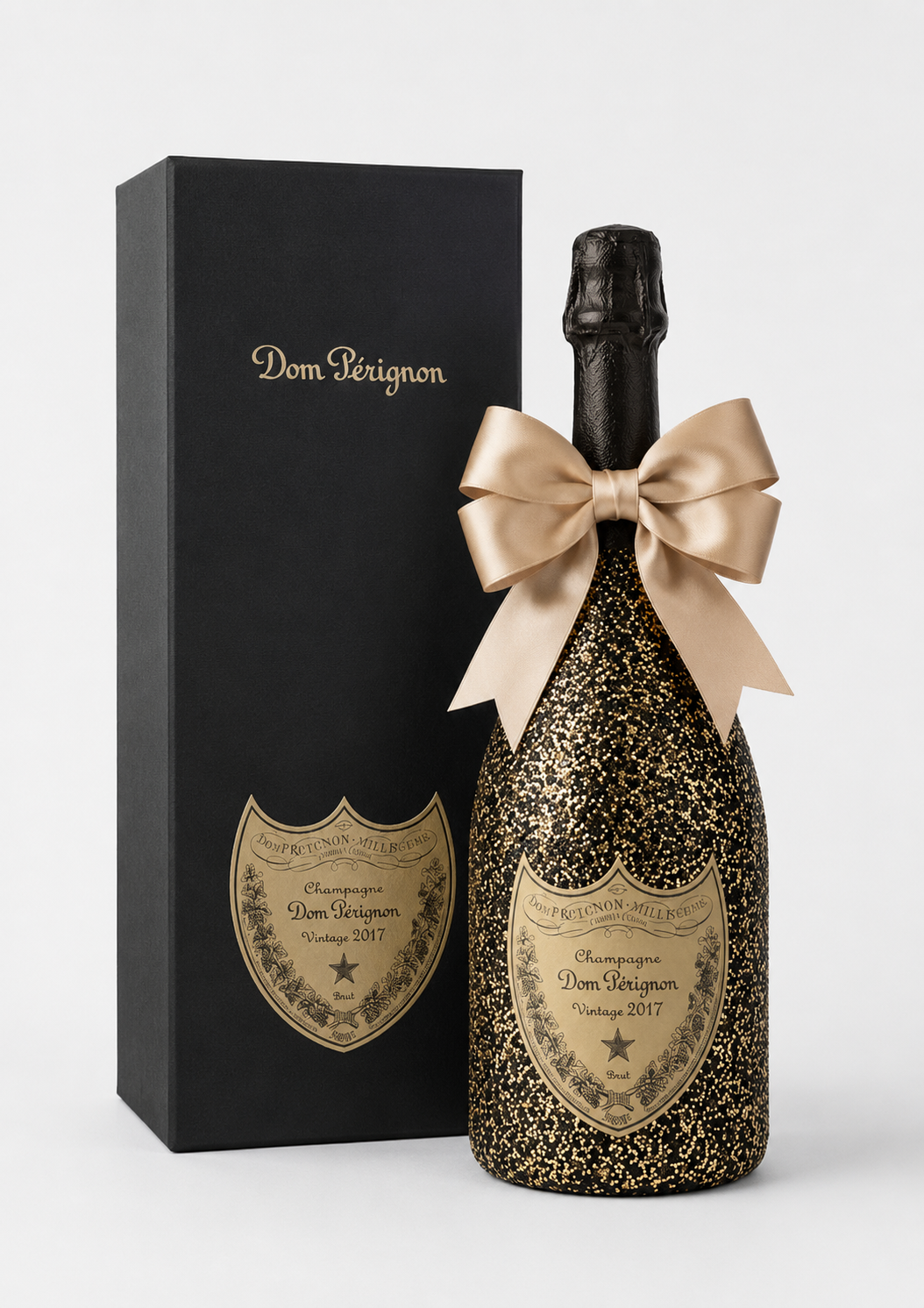 Dom Pérignon Vintage 2017 v luxusních černo-zlatých třpytkách s originální dárkovou krabičkou jako exkluzivní dárkové šampaňské.