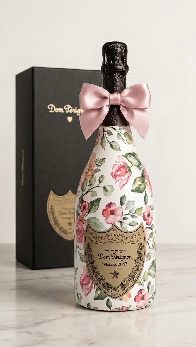 dom perignon vintage 2017 zdobeny motivem růží v dárkové krabičce