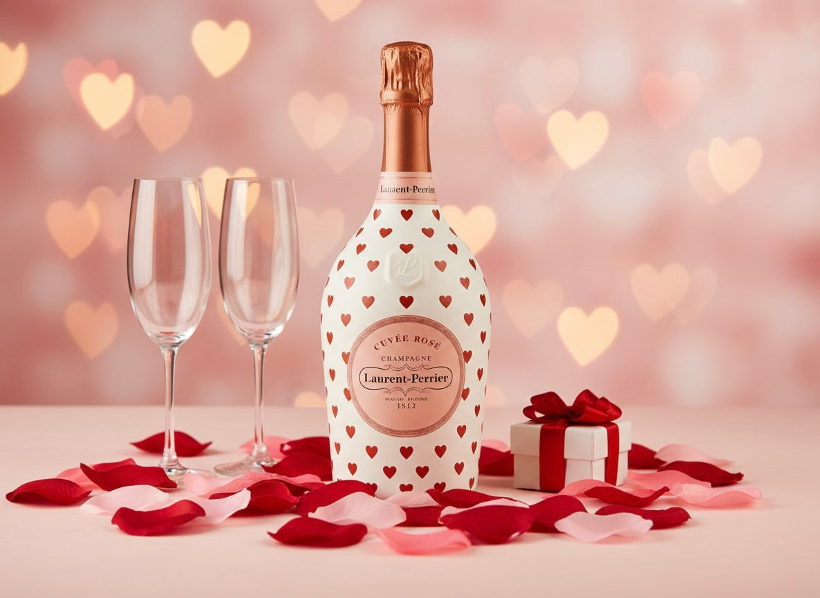 Romantická scéna s lahví Laurent-Perrient Rosé se srdíčky