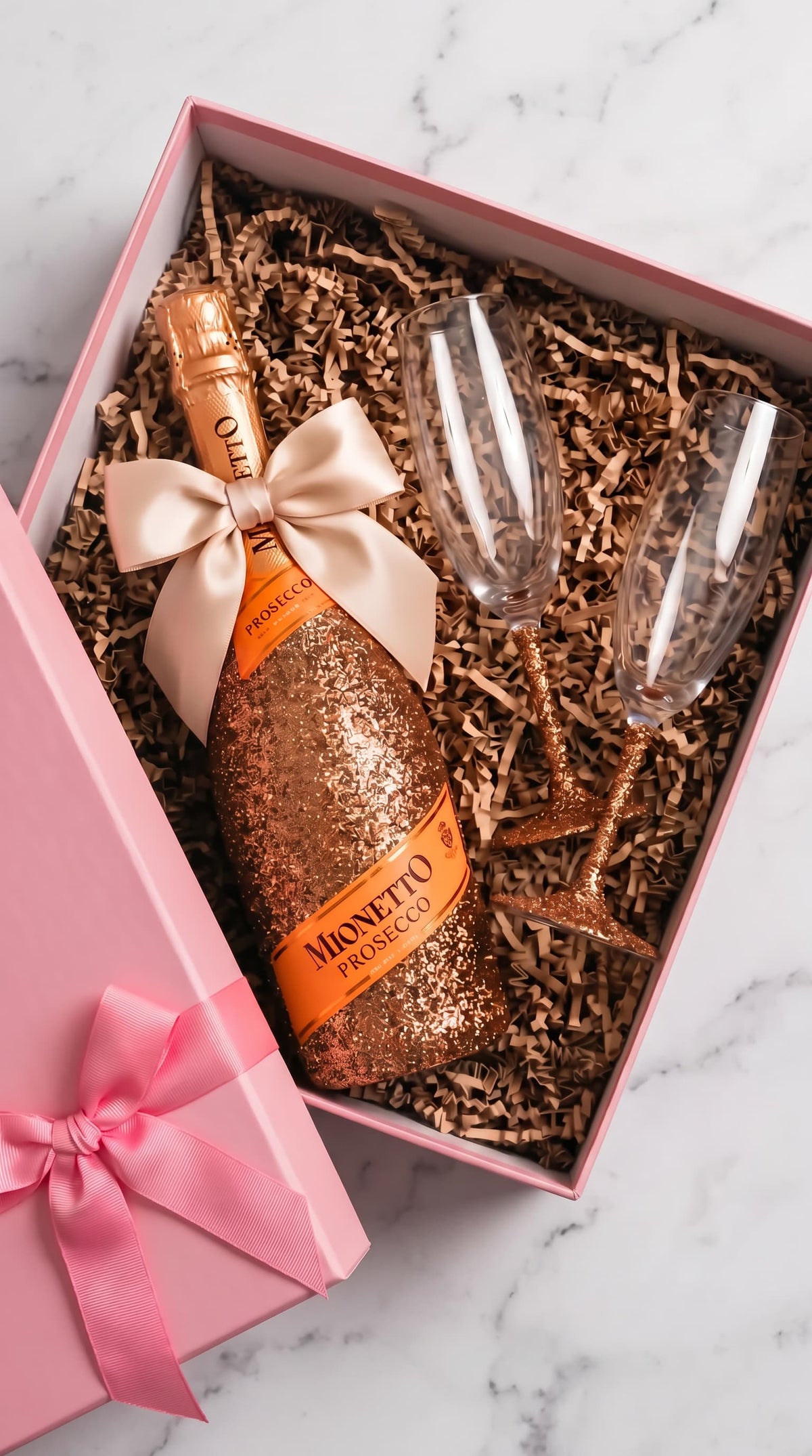Dárková sada Mionetto Prosecco – Třpytivá lahev s růžovými třpytkami + skleničky | DressBottle