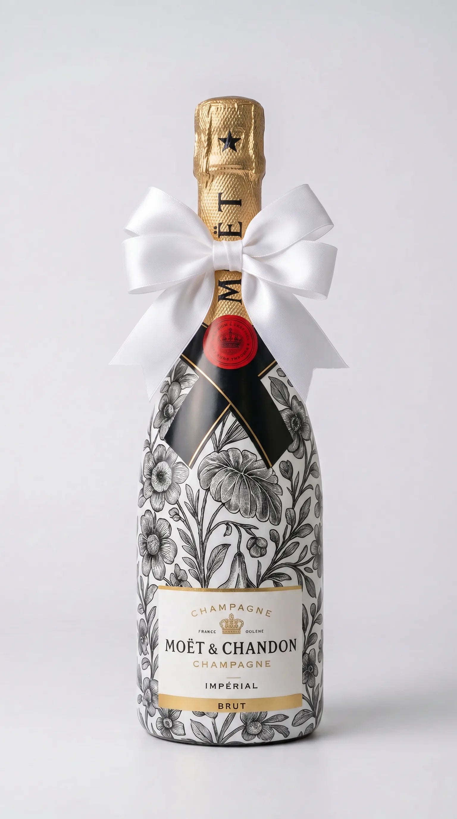 Moët & Chandon Brut – Dárková zdobená lahev černobílý květinový design