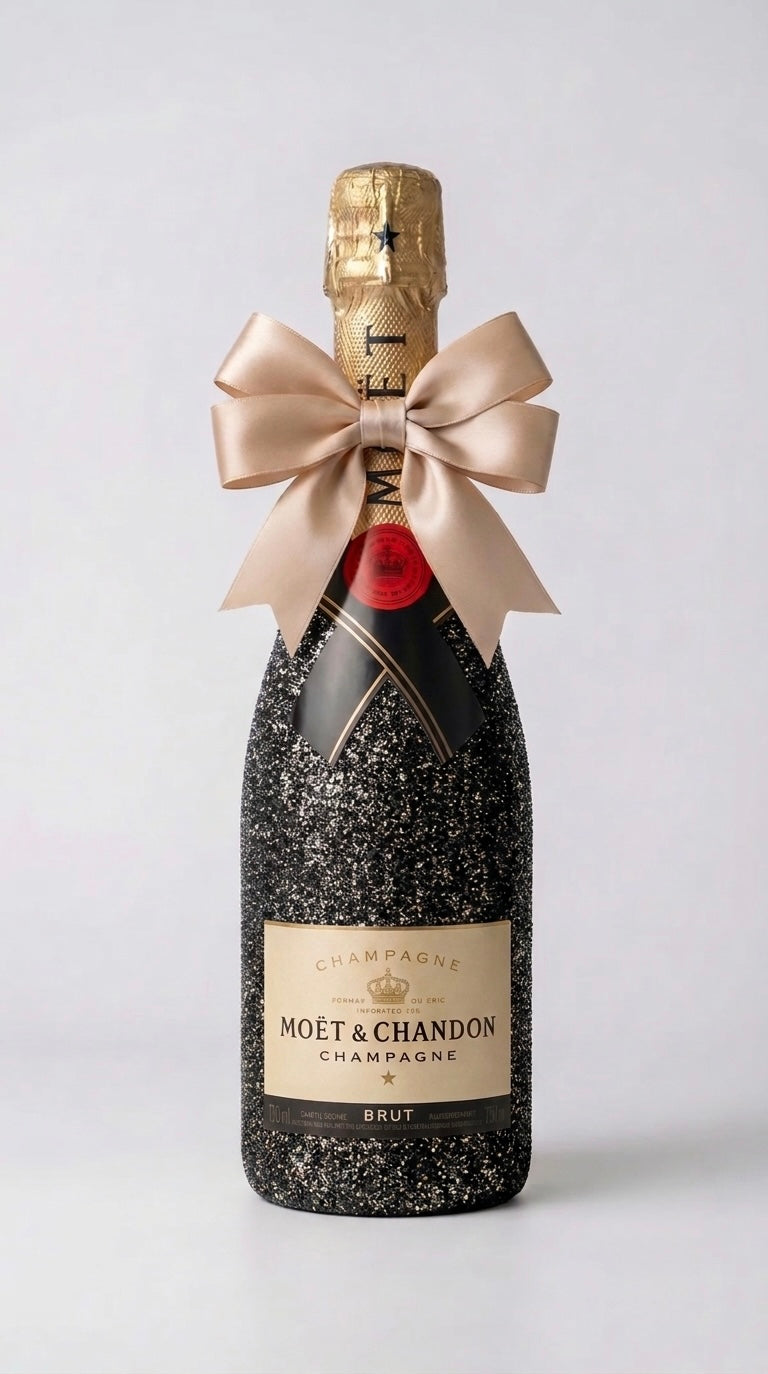 Moët & Chandon Brut v luxusních černo-zlatých třpytkách se saténovou mašlí jako exkluzivní dárkové šampaňské.