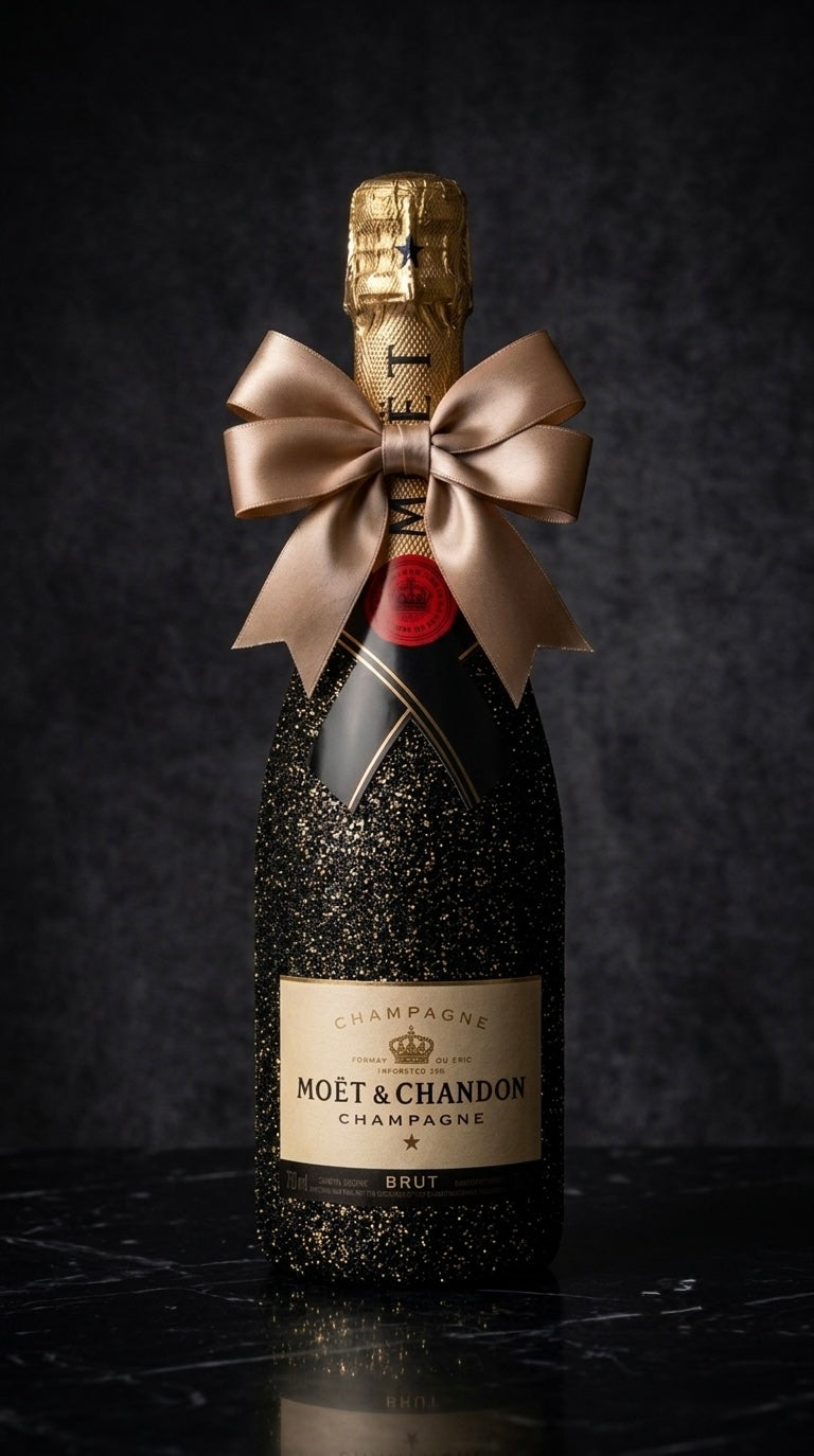 Moët & Chandon Brut v luxusních černo-zlatých třpytkách se saténovou mašlí jako exkluzivní dárkové šampaňské.