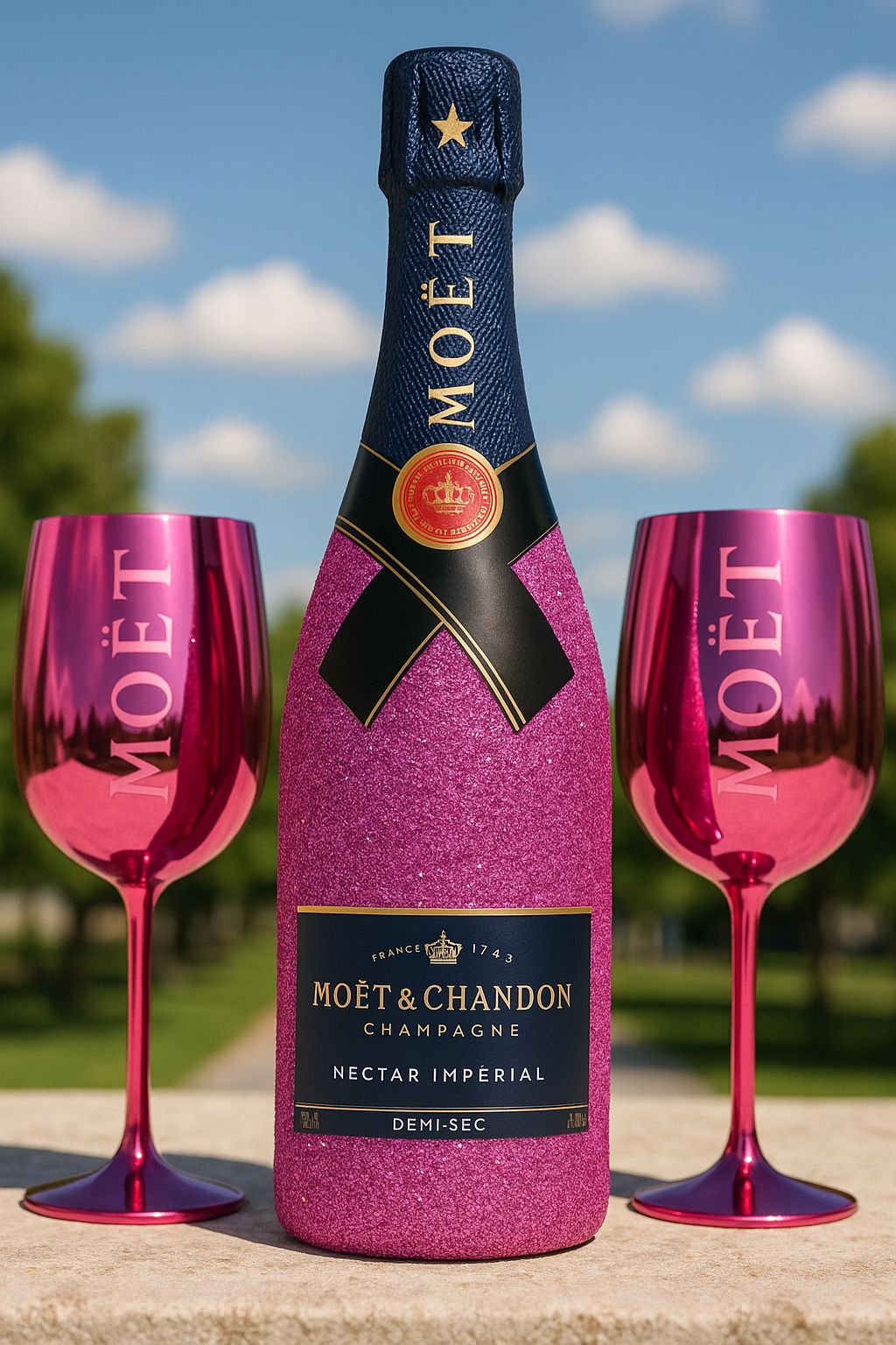 Moët & Chandon Nectar zdobený růžovými třpytkami a růžové Moët & Chandon skleničky
