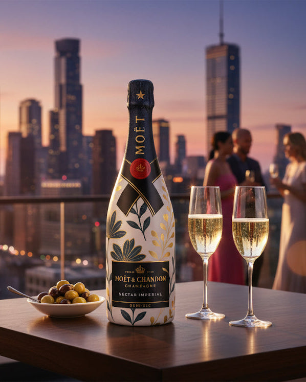 Moët & Chandon Nectar Impérial 0,75l – zdobená lahev modro-žluté květy