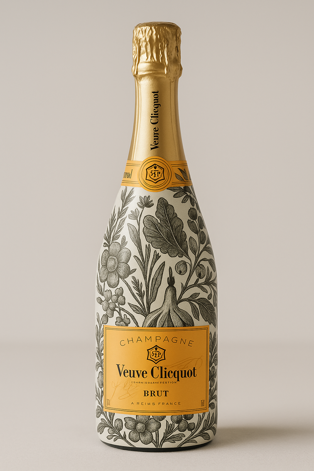 Veuve Clicquot Brut 0,75l – zdobená lahev černo-bílý květinový design