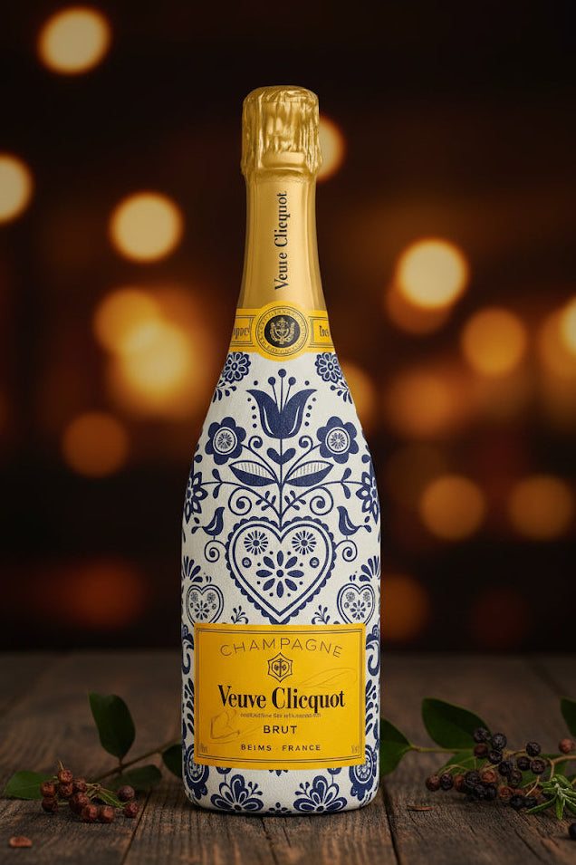 Veuve Clicquot Brut 0,75l – zdobená lahev modrý porcelánový design