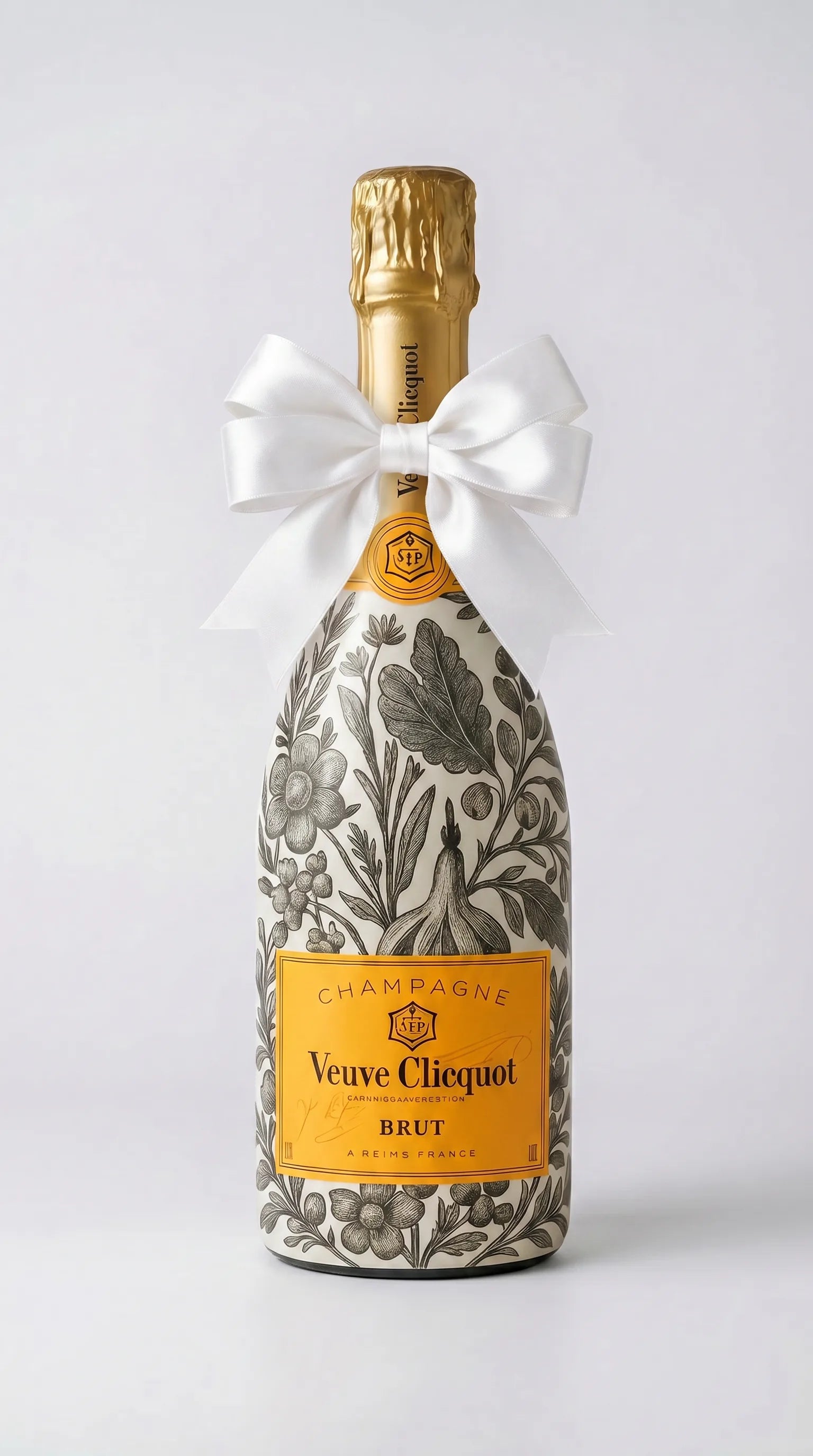 Veuve Clicquot Brut – Dárková zdobená lahev černo-bílé květiny