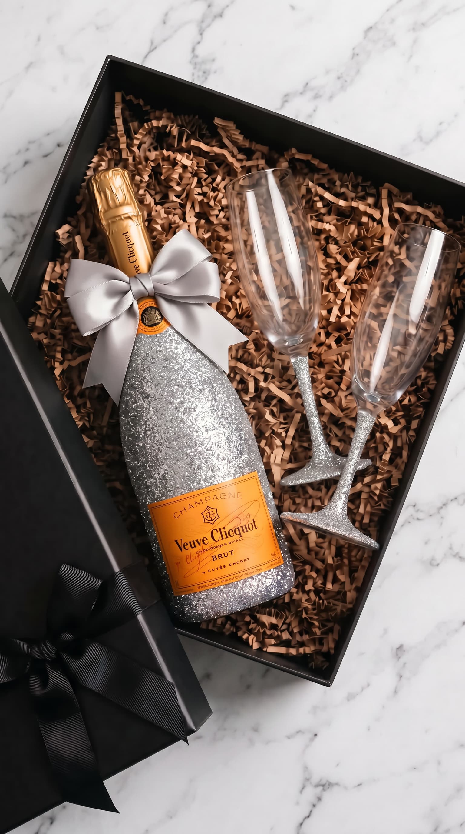 Dárková sada Veuve Clicquot – Třpytivá lahev se stříbrnými třpytkami + skleničky černá | DressBottle