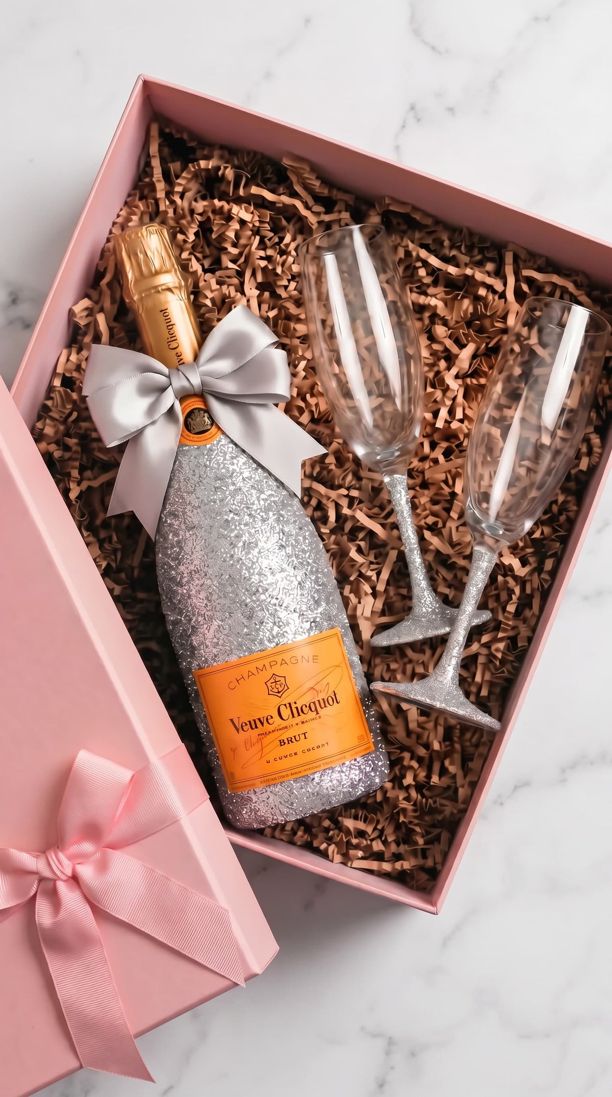 Dárková sada Veuve Clicquot – Třpytivá lahev se stříbrnými třpytkami + skleničky růžová | DressBottle